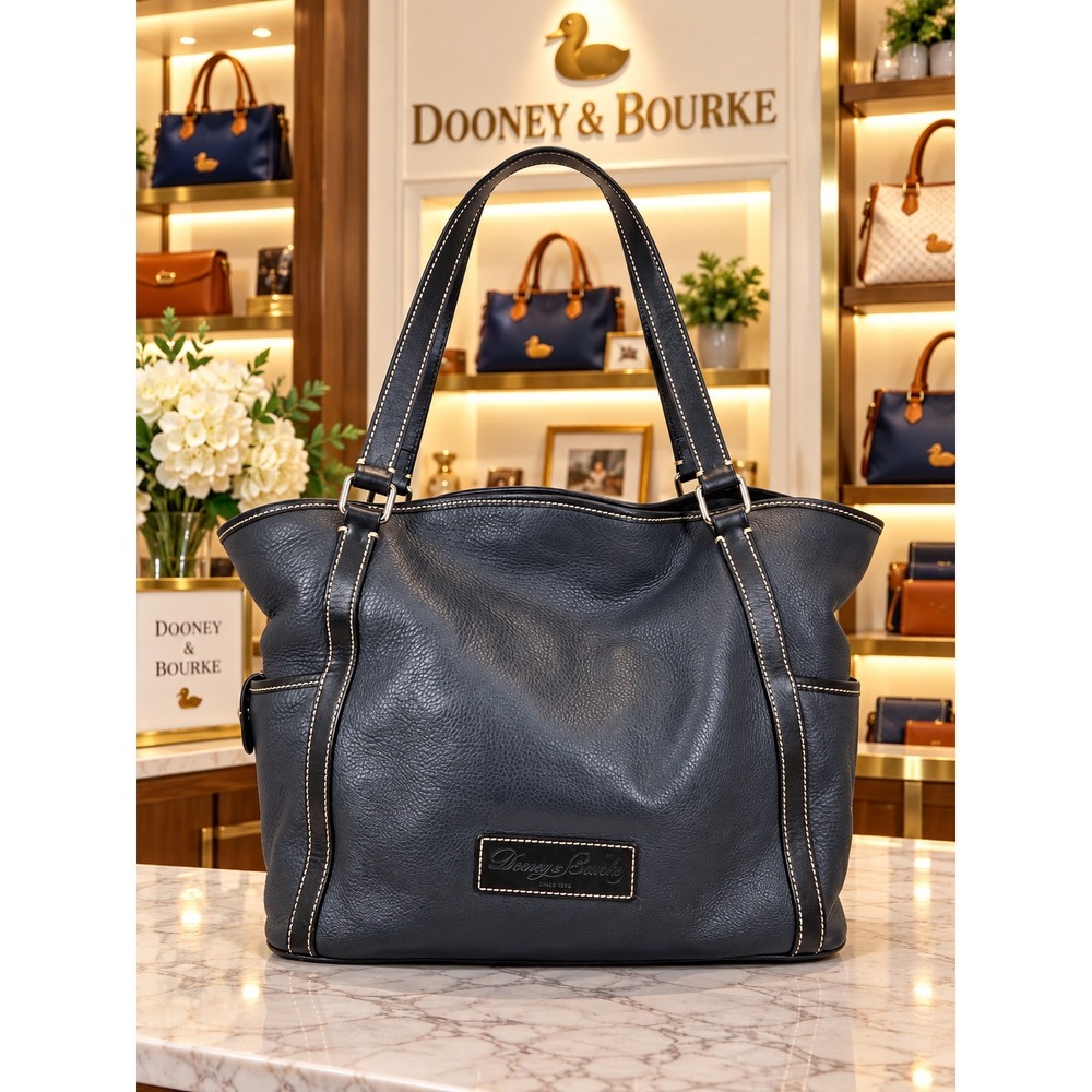 Dooney & Bourke Navy Blue Pebbled Leather Tote Bag Pink Gingham Lining